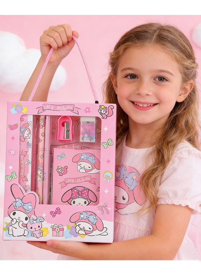 سانريو مجموعة أدوات مكتبية طلابية من سانريو ماي ميلودي، علبة هدايا للوازم المدرسية لطلاب المرحلة الابتدائية، تتضمن أقلام رصاص/ممحاة/مبراة أقلام رصاص/مسطرة/دفتر ملاحظات، هدية مثالية للعودة إلى المدرسة وأعياد الميلاد - Image 5